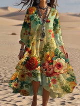 Damen Vintage Boho Blumenprint V-Ausschnitt Kleid - Baumwollmix Elegant Midilänge Gelb / S