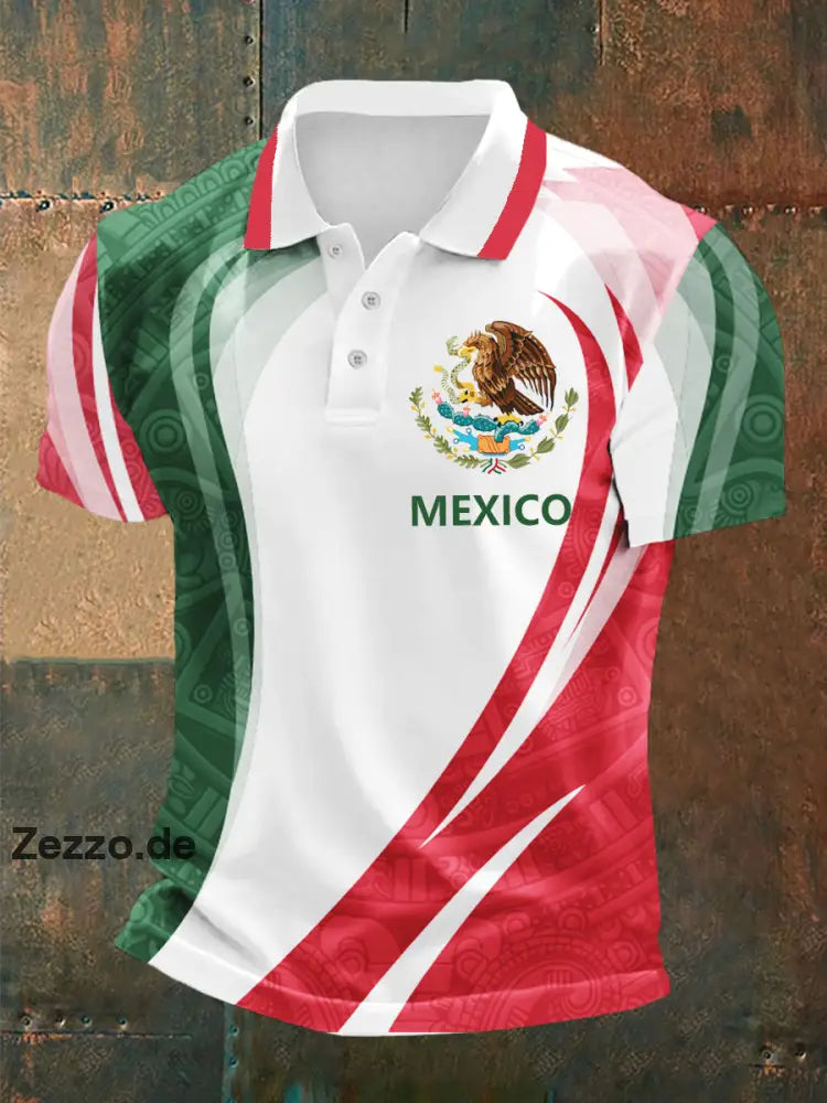Herren Polo-Shirt im mexikanischen Kultur-Design – Kurzarm-Sport- und Freizeithemd mit Flaggenfarben Rot / S