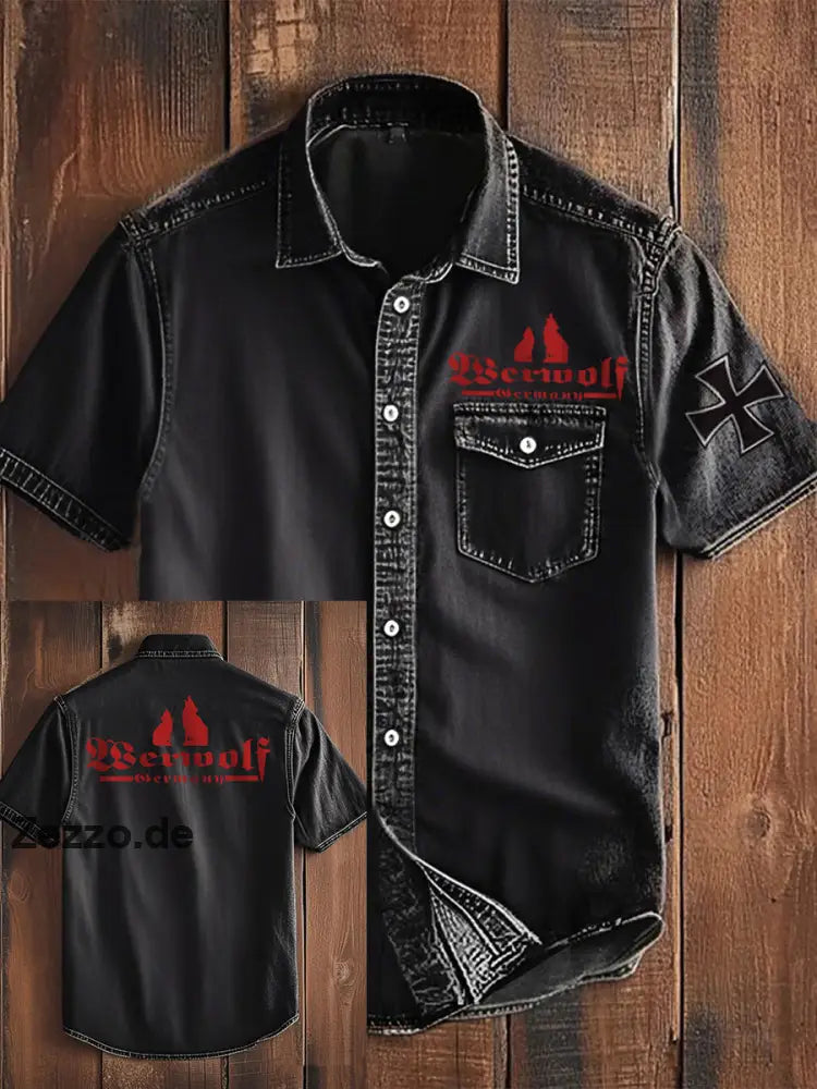 Herren Werwolf Deutschland mit Wolf bedrucktes Kurzarm-Shirt Schwarz / S