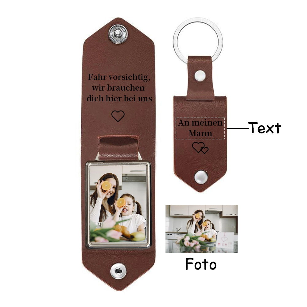 Personalisierte Geschenke – Foto & Text Leder Schlüsselanhänger – Fahr vorsichtig, wir brauchen dich hier bei uns – Geschenk für Vater