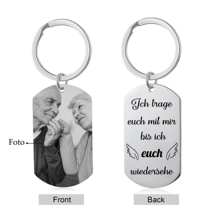 Personalisierte Geschenke – Foto Trauer Schlüsselanhänger – Ich trage euch mit mir, bis ich euch wiedersehe – Gedenk-Schlüsselanhänger