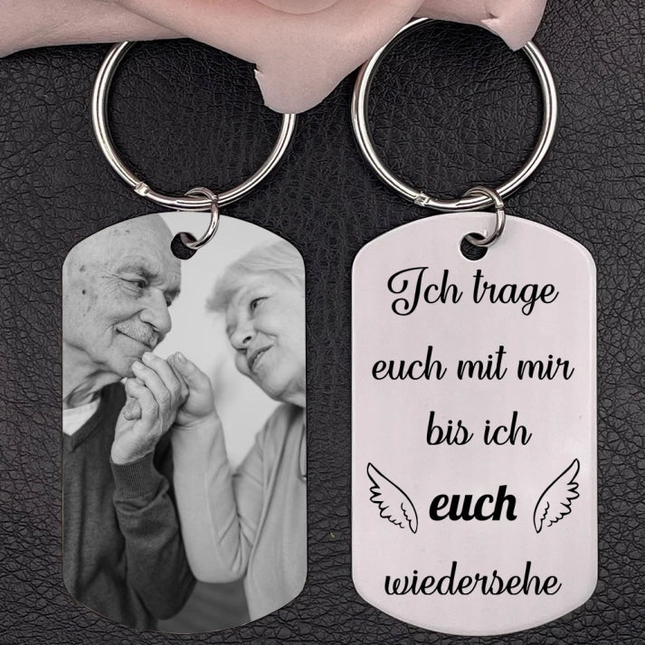 Personalisierte Geschenke – Foto Trauer Schlüsselanhänger – Ich trage euch mit mir, bis ich euch wiedersehe – Gedenk-Schlüsselanhänger