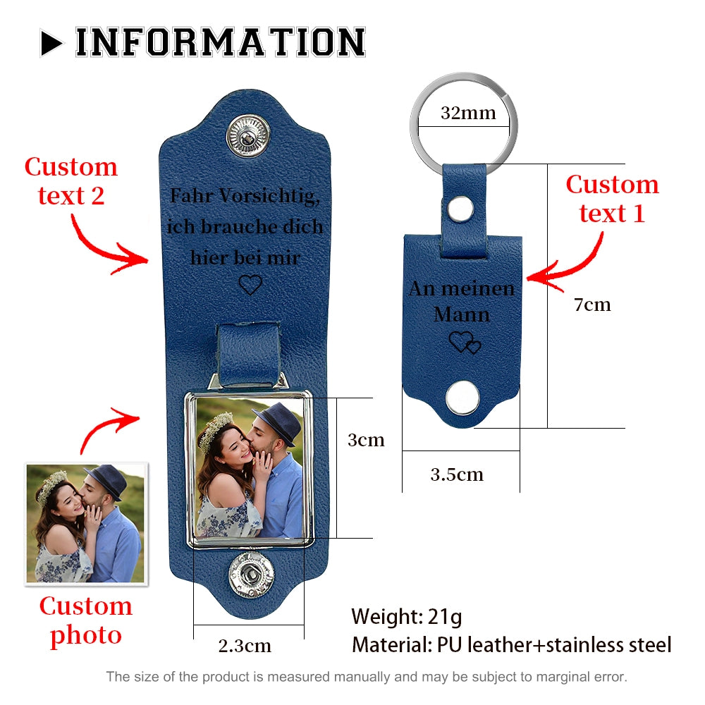 Personalisierte Geschenke – Leder Schlüsselanhänger mit Foto & 2 Texten – Einzigartiges Andenken