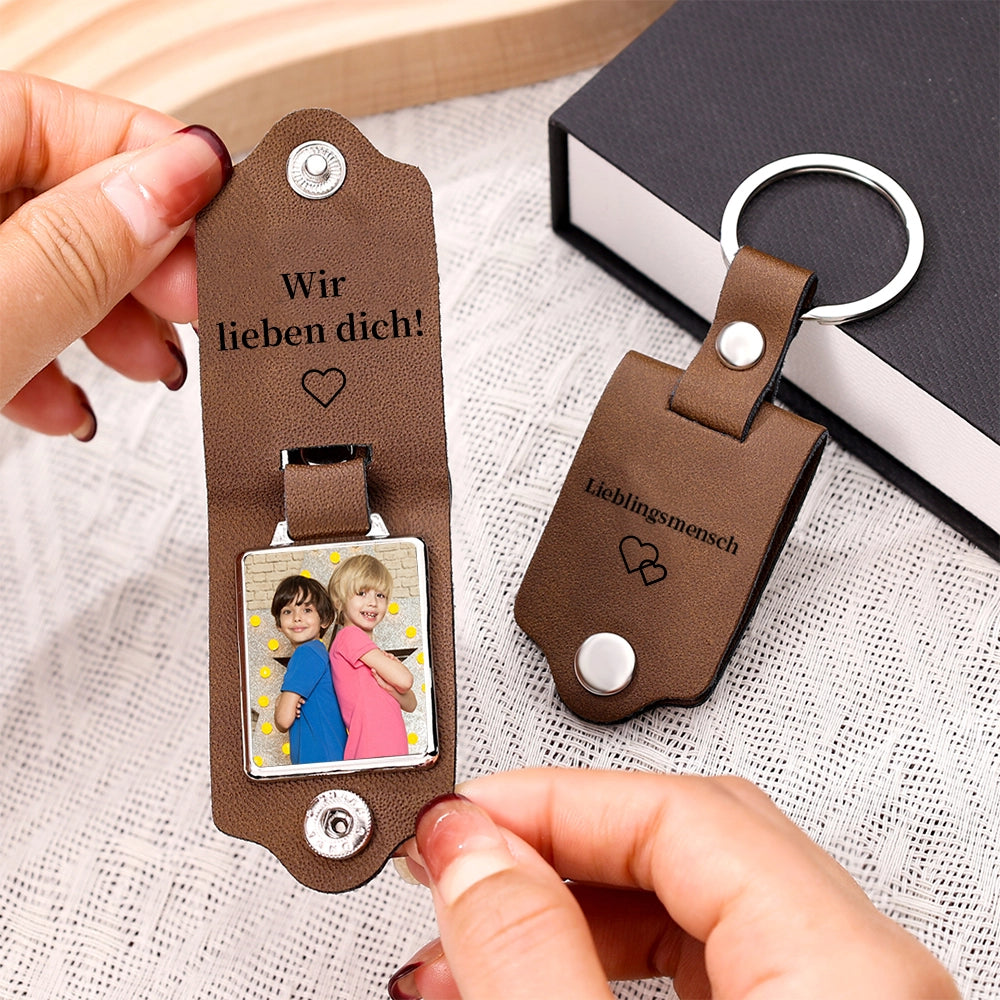 Personalisierte Geschenke – Leder Schlüsselanhänger mit Foto & 2 Texten – Einzigartiges Andenken