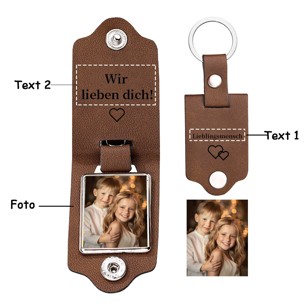 Personalisierte Geschenke – Leder Schlüsselanhänger mit Foto & 2 Texten – Einzigartiges Andenken