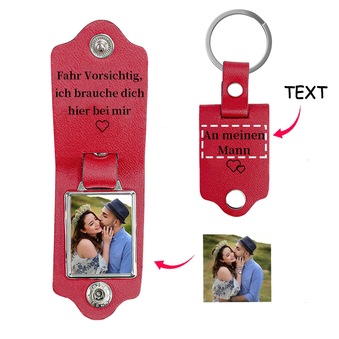 Personalisierte Schlüsselanhänger mit Foto & Text aus Leder – Fahr vorsichtig, ich brauche dich hier bei mir – Geschenk für Vater