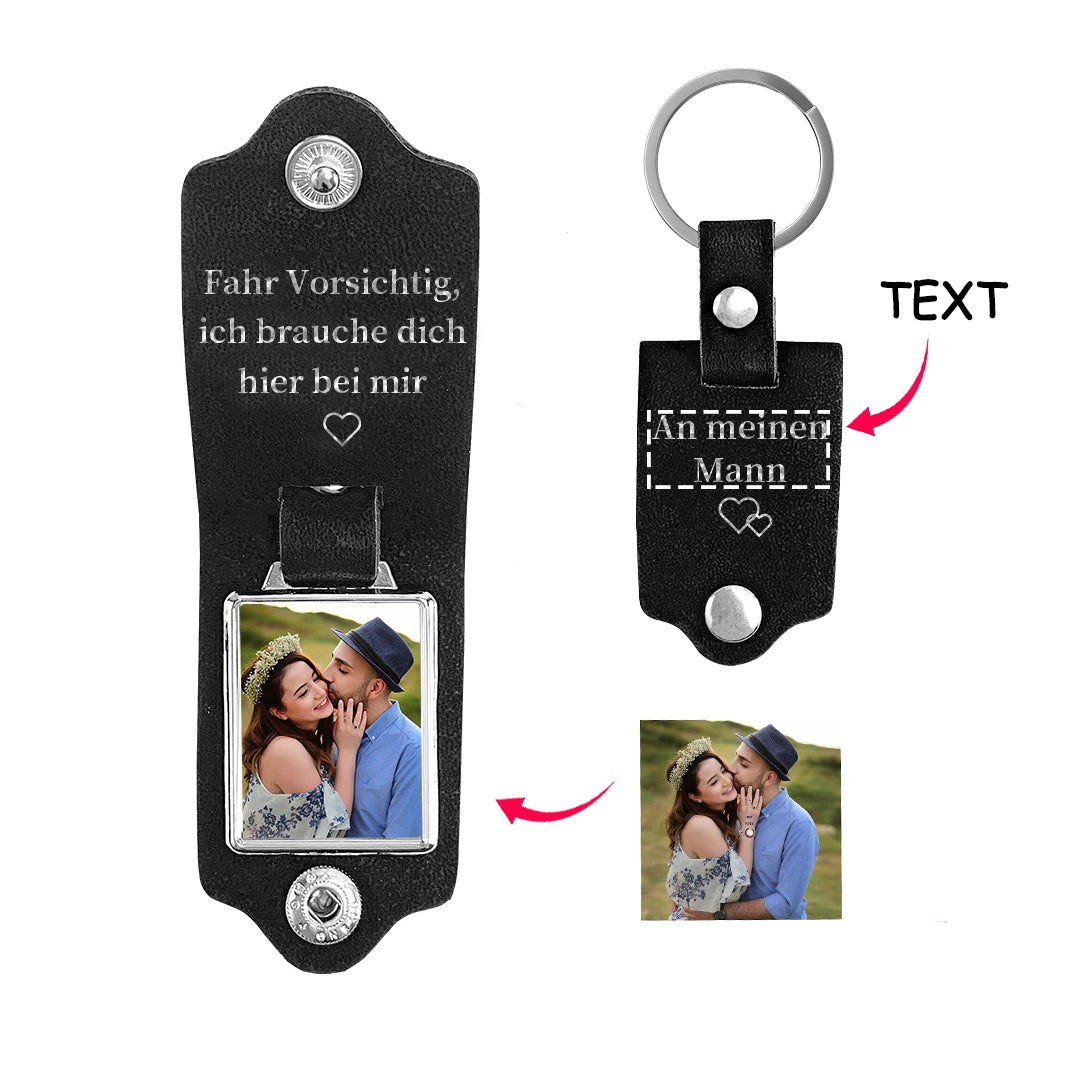 Personalisierte Schlüsselanhänger mit Foto & Text aus Leder – Fahr vorsichtig, ich brauche dich hier bei mir – Geschenk für Vater