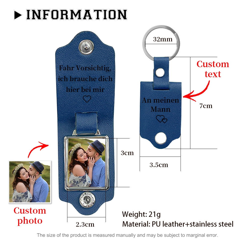 Personalisierter Leder Schlüsselanhänger mit Foto & Text – Fahr vorsichtig, ich brauche dich hier bei mir – Emotionales Geschenk