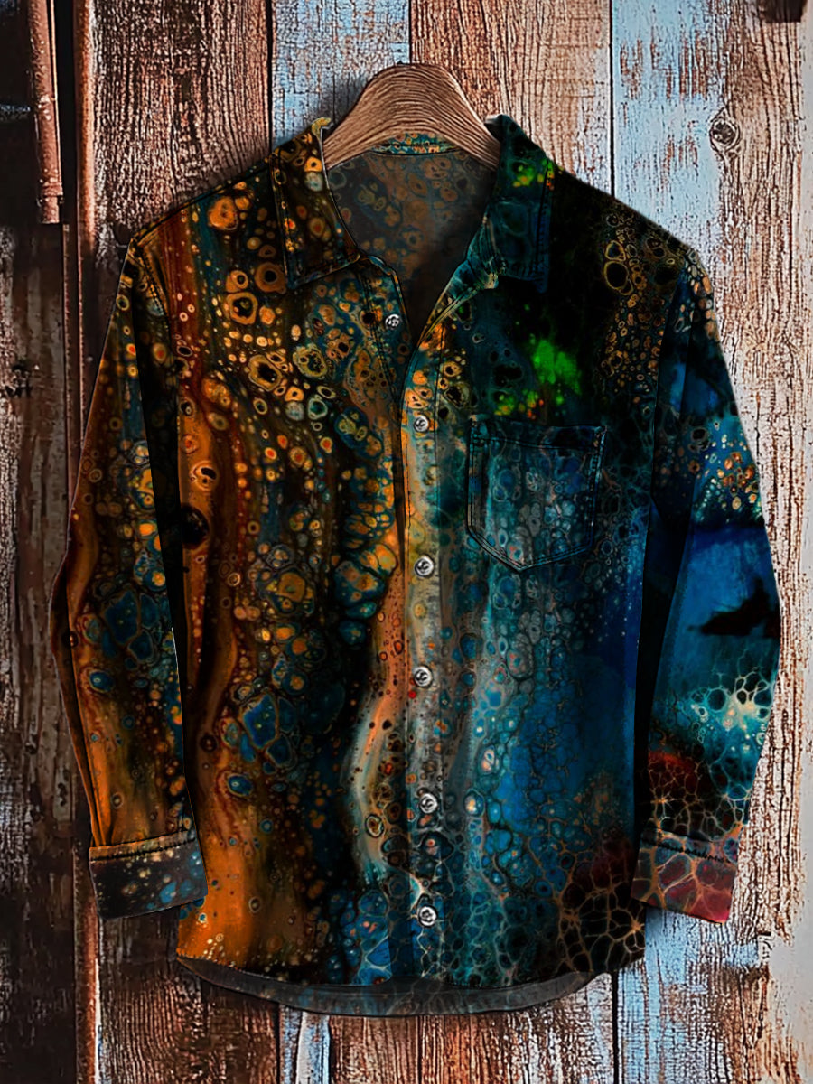 Retro Abstract Gradient Art Print Langarmhemd für Herren - Baumwolle & Leinen, Druck, Casual