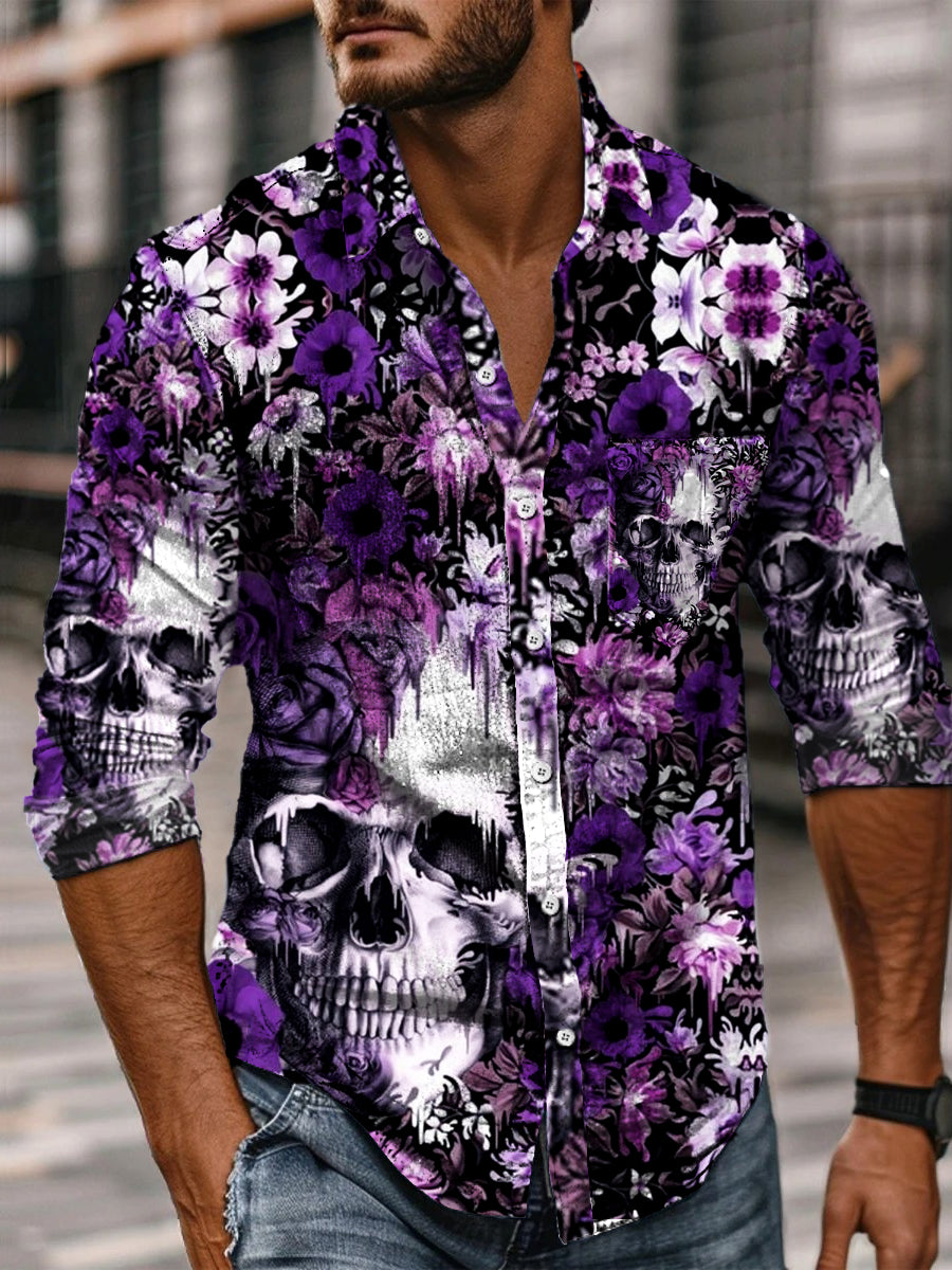 Retro Herren Langarmhemd mit Abstract Punk Kunstprint - Baumwolle, Druck, Casual