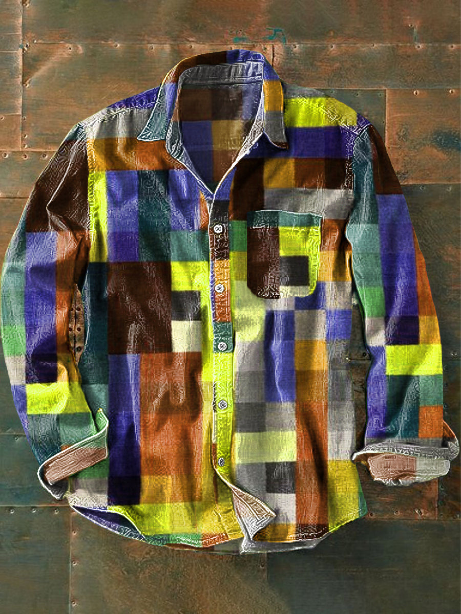 Herren Vintage Mehrfarbiger Karo Kunstprint Langarmhemd - Baumwollmix, Casual, Leicht