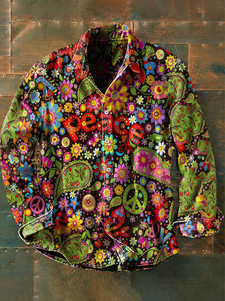 Herren Vintage Psychedelischer Hippie Friedensprint Langarmhemd - Baumwolle & Leinen, Casual, Leicht