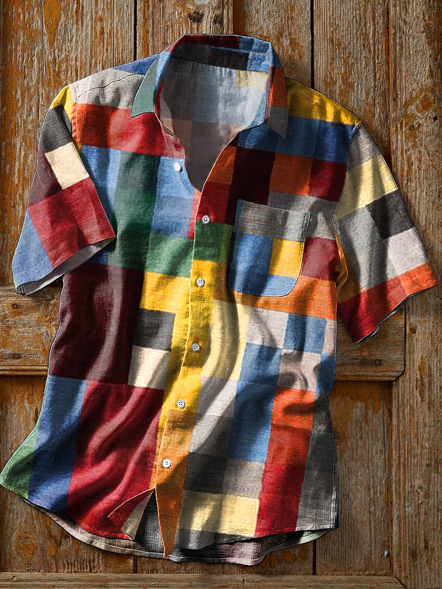 Herren Vintage Farbenfrohes Karo Kunstprint Kurzarmhemd - Baumwollmix, Casual, Sportlich