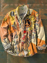 Unisex Vintage Peace & Love Gänseblümchen Kunstprint Langarmhemd - Baumwolle & Leinen, Casual, Leicht