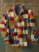 Herren Vintage Color Block Patchwork Kunstprint Langarmhemd - Baumwolle & Leinen, Casual, Leicht