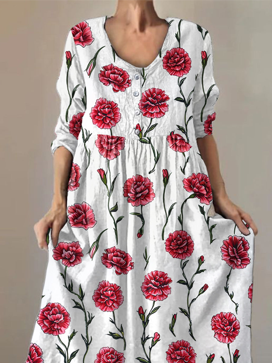 Damen Midikleid mit Nelkenmuster – Casual, Frühling & Sommer, ideales Geschenk zum Muttertag