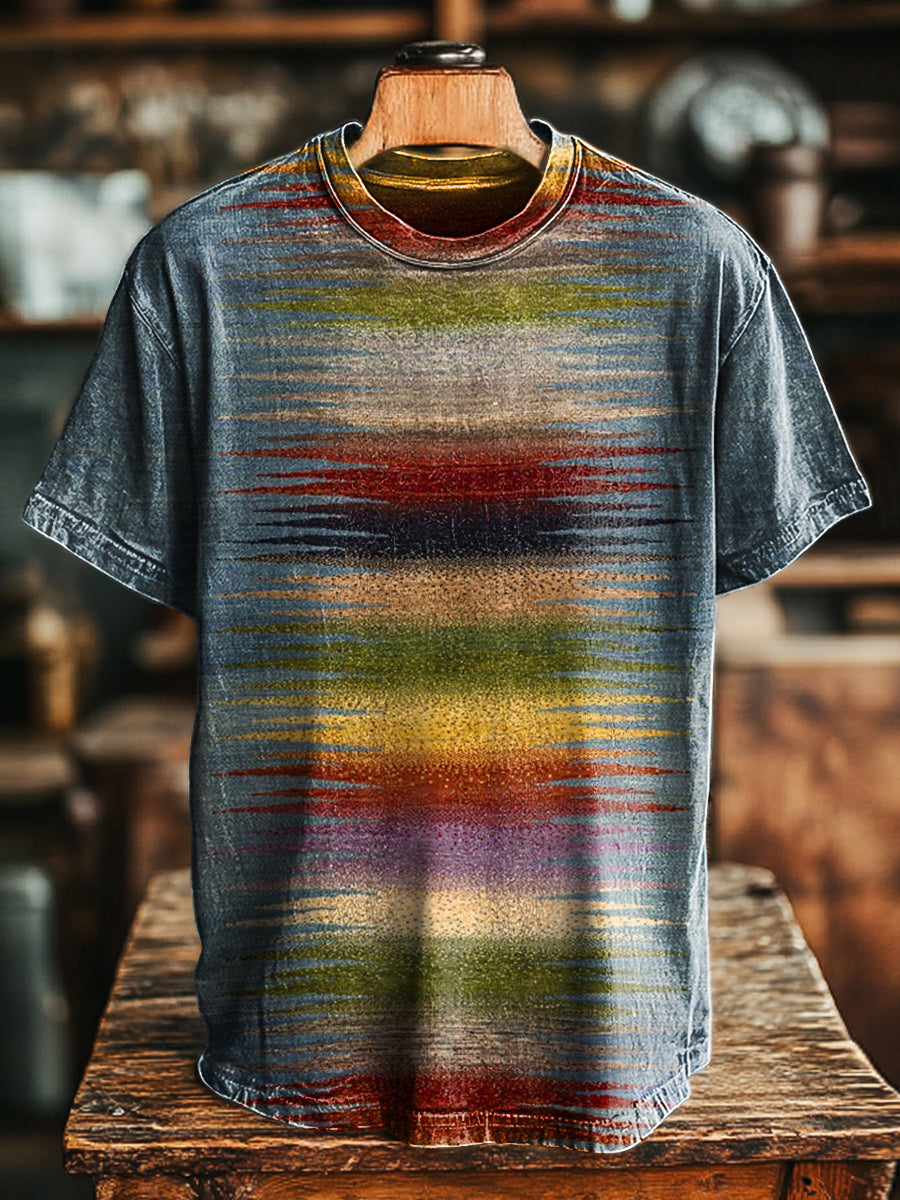 Unisex T-Shirt mit Retro abstraktem Farblinien-Print – Lockerer Schnitt, Kurzarm, lässig für Frühling & Sommer