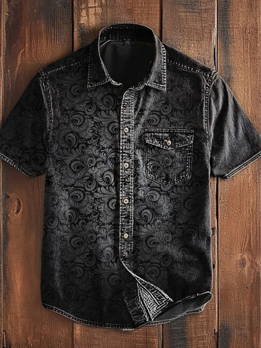 Herren Kurzarmhemd mit Vintage Punk Gothic Farbverlauf & abstraktem Wirbelmuster – Mit Tasche, leicht & lässig