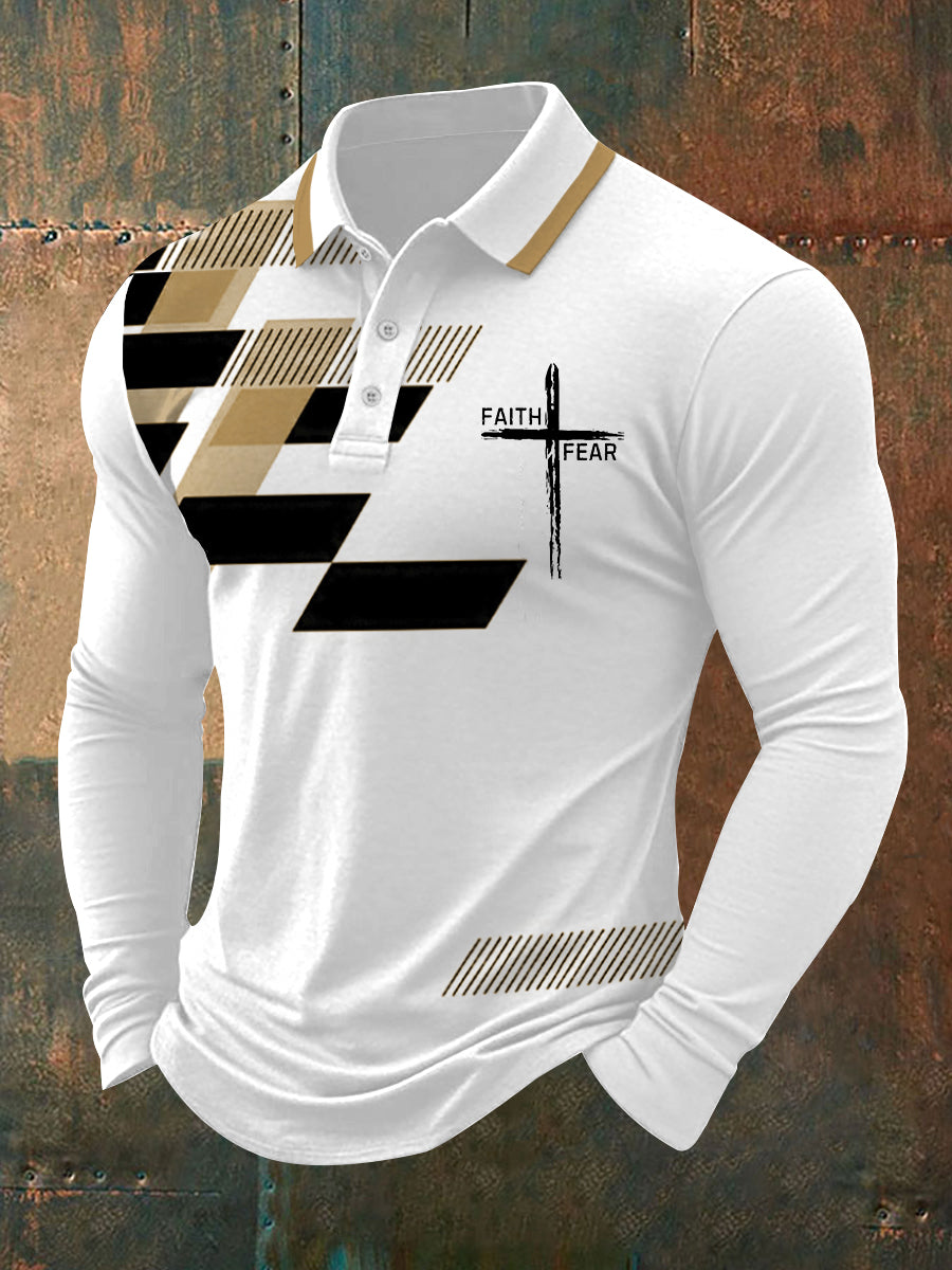 Herren Polo-Shirt mit "Faith Over Fear" Kreuz & Geometrie Print – Langarm, mittlere Dicke, für Alltag & Freizeit