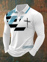 Herren Polo-Shirt mit "Faith Over Fear" Kreuz & Geometrie Print – Langarm, mittlere Dicke, für Alltag & Freizeit