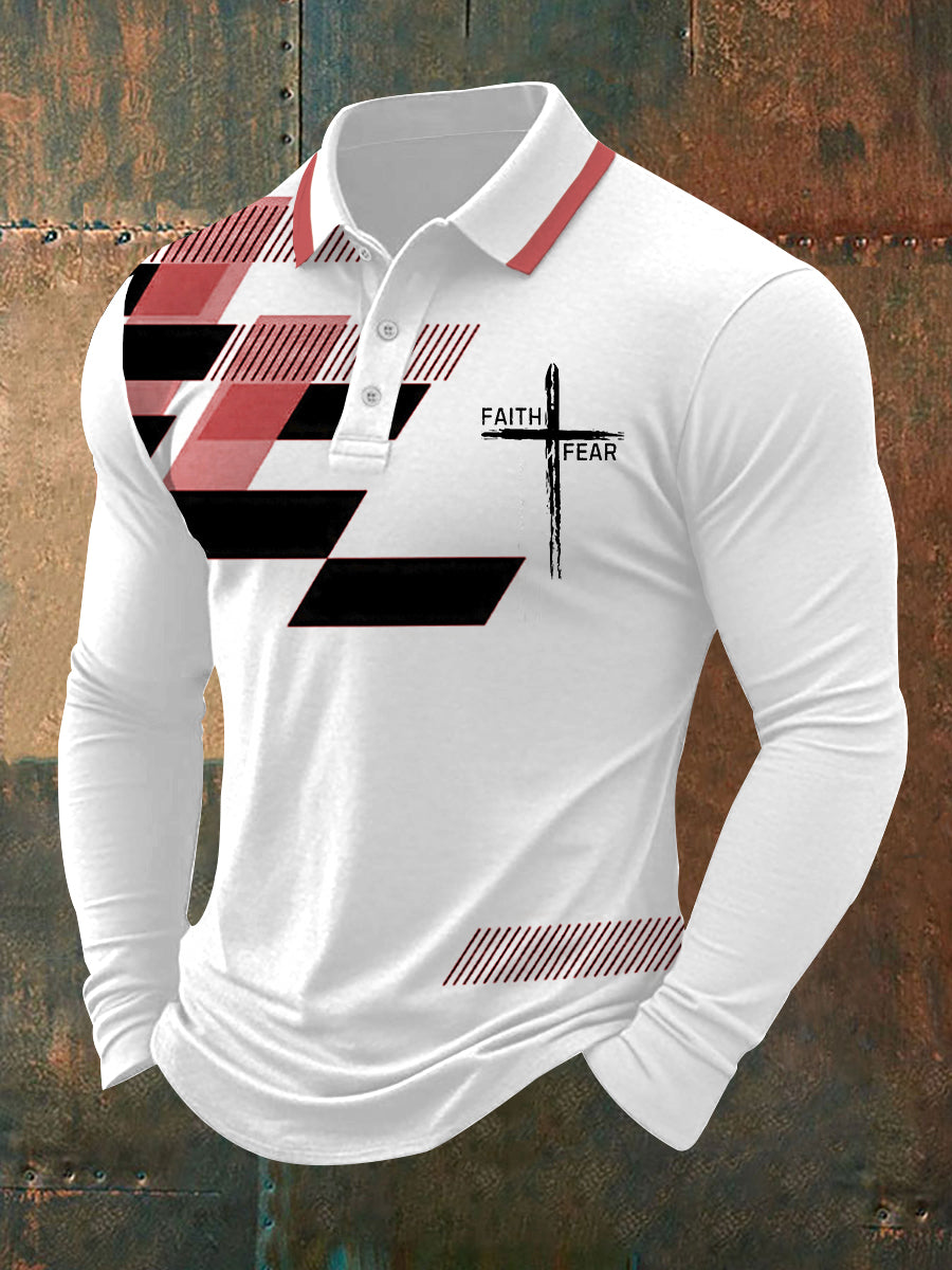 Herren Polo-Shirt mit "Faith Over Fear" Kreuz & Geometrie Print – Langarm, mittlere Dicke, für Alltag & Freizeit