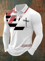 Herren Polo-Shirt mit "Faith Over Fear" Kreuz & Geometrie Print – Langarm, mittlere Dicke, für Alltag & Freizeit