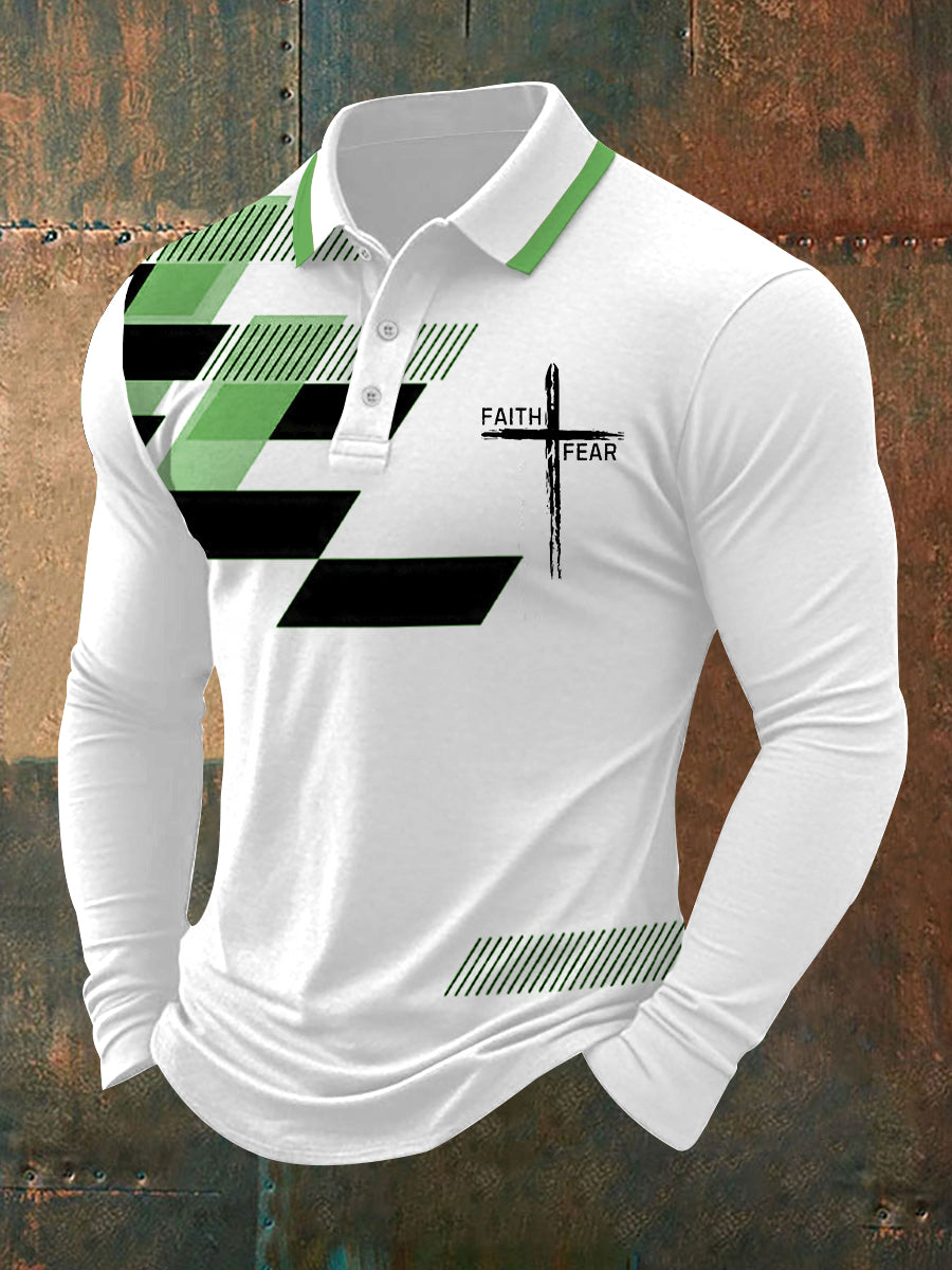 Herren Polo-Shirt mit "Faith Over Fear" Kreuz & Geometrie Print – Langarm, mittlere Dicke, für Alltag & Freizeit
