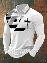 Herren Polo-Shirt mit "Faith Over Fear" Kreuz & Geometrie Print – Langarm, mittlere Dicke, für Alltag & Freizeit