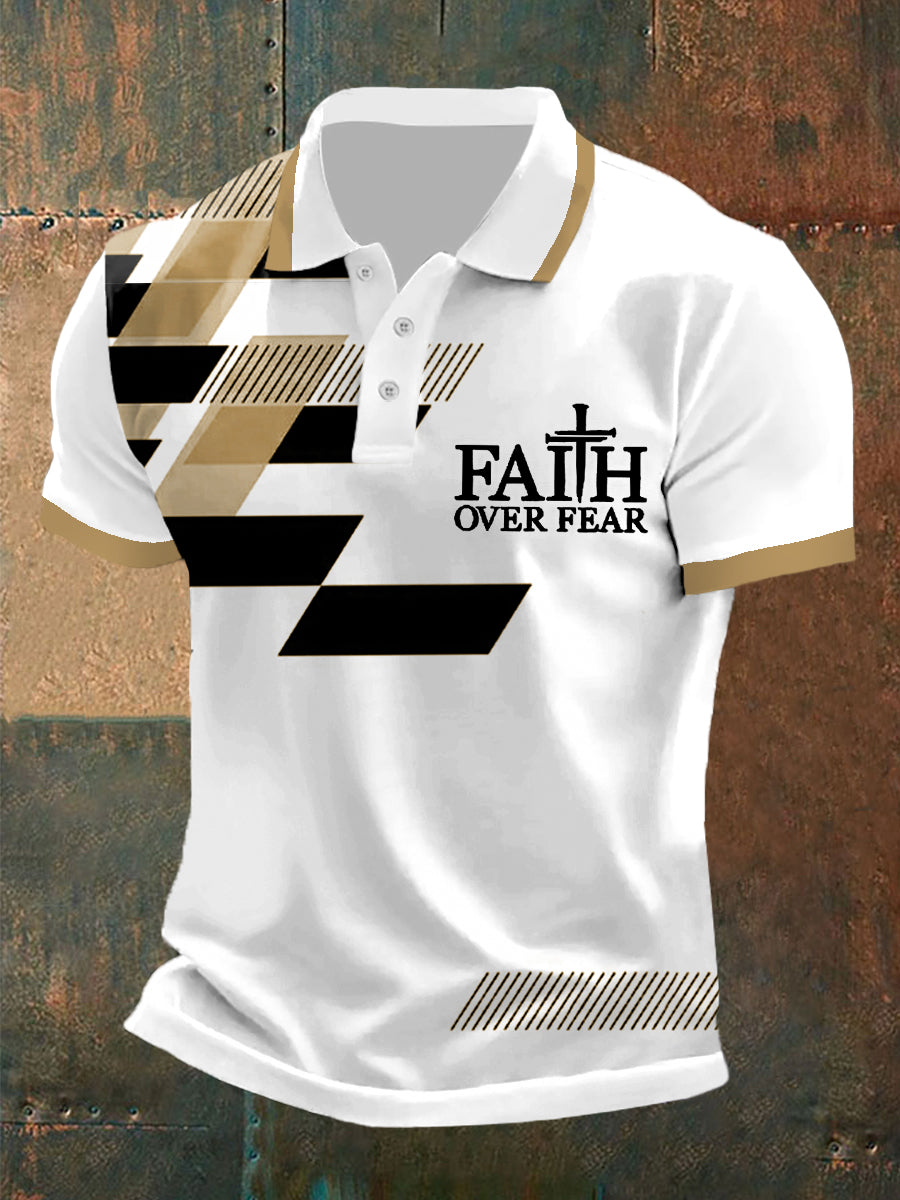 Herren Polo-Shirt mit "Faith Over Fear" Kreuz & Geometrie Print – Kurzarm, leicht für Alltag & Freizeit