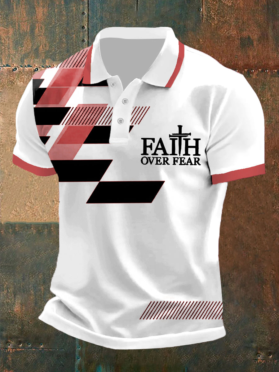Herren Polo-Shirt mit "Faith Over Fear" Kreuz & Geometrie Print – Kurzarm, leicht für Alltag & Freizeit