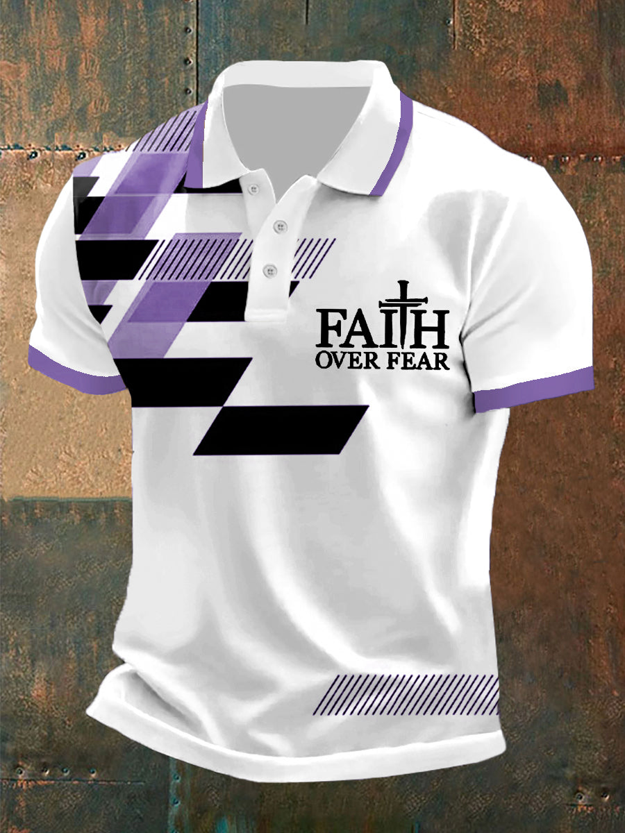 Herren Polo-Shirt mit "Faith Over Fear" Kreuz & Geometrie Print – Kurzarm, leicht für Alltag & Freizeit