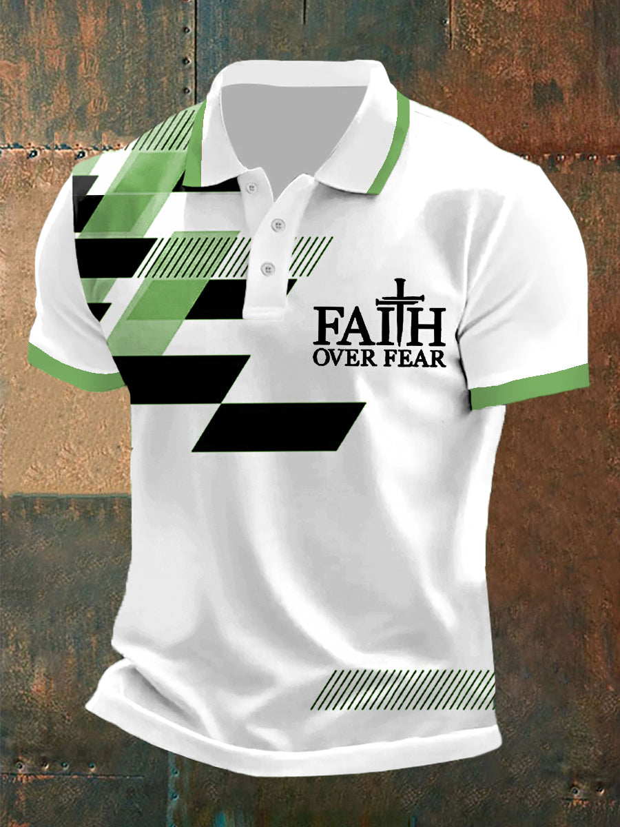Herren Polo-Shirt mit "Faith Over Fear" Kreuz & Geometrie Print – Kurzarm, leicht für Alltag & Freizeit