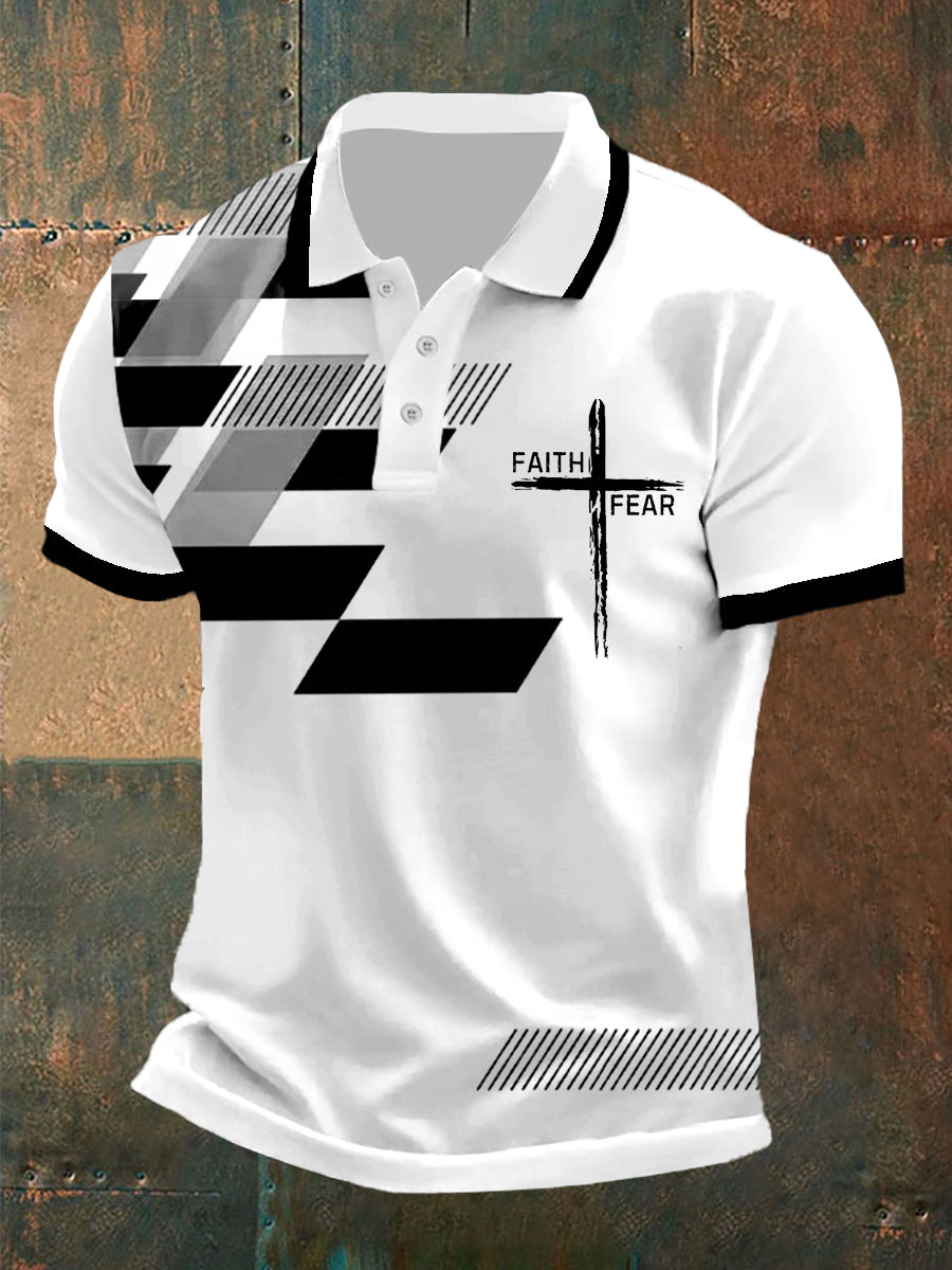 Herren Faith Over Fear Kreuz Glaube Geometrisches Print Polo-Shirt – Lässiger Stil