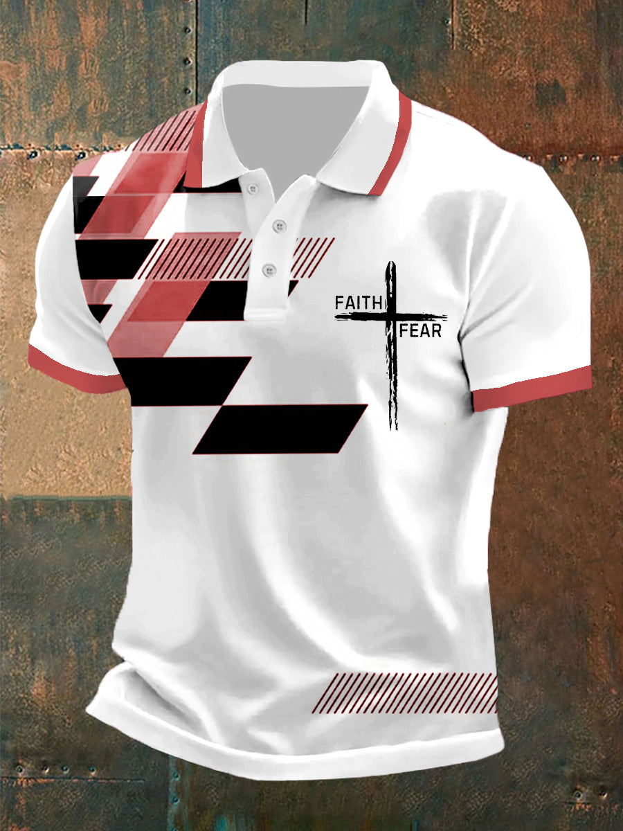 Herren Faith Over Fear Kreuz Glaube Geometrisches Print Polo-Shirt – Lässiger Stil