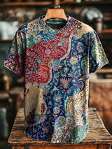 Unisex Retro Floral Splicing Print Lässiges, Lockeres Kurzarm T-Shirt – Frühling/Sommer