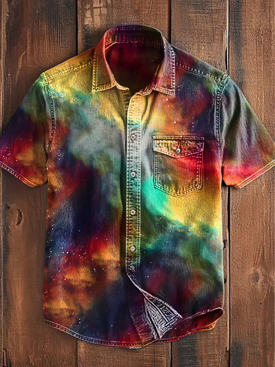 Herren Vintage Western Buntes Magisches Abstraktes Print Kurzarm Hemd mit Tasche – Lässiger Look