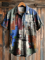 Herren Vintage Abstraktes Farbkunst Print Kurzarm-Hemd mit Brusttasche