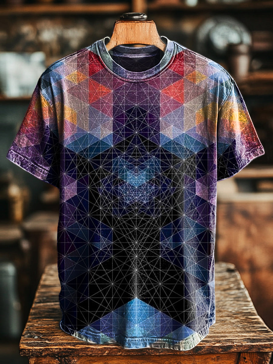 Unisex Vintage Regenbogenfarben Geometrischer Kunstprint T-Shirt – Lässiger Kurzarm-Look für Frühling/Sommer