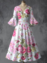 Vintage Midikleid mit Retro-Blumenmuster – V-Ausschnitt, Taillenfalten & Trompetenärmel