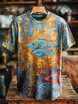 Herren Vintage T-Shirt mit abstraktem Fisch-Print – Lockerer Schnitt, Baumwollmischung, ideal für Frühling & Sommer