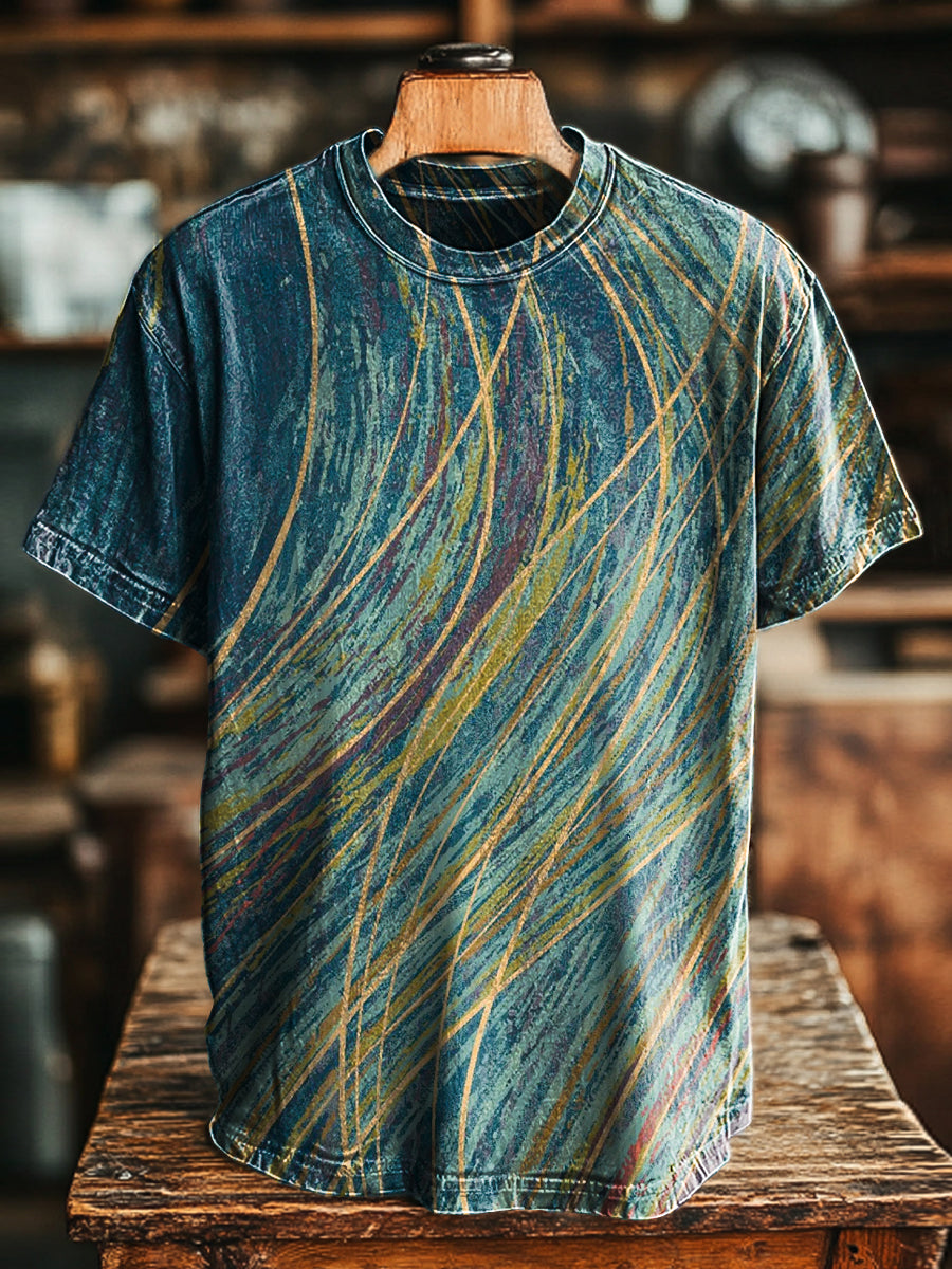 Herren Vintage T-Shirt mit abstraktem Linien-Print – Lockerer Schnitt, Baumwollmischung, ideal für Frühling & Sommer