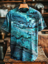 Herren T-Shirt im Vintage-Stil mit texturiertem blauen Print – Lockerer Schnitt, Baumwollmischung, ideal für Frühling & Sommer