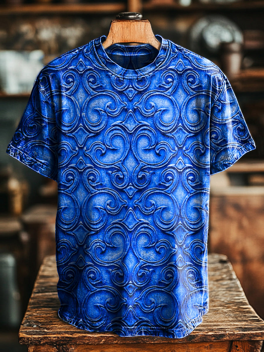 Herren T-Shirt mit Vintage Totem Print – Blaues Design, lockerer Schnitt, Baumwollmischung, ideal für Frühling & Sommer