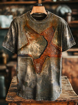 Herren T-Shirt mit Vintage Rusty Pentagram Print – Abstraktes Design, lockerer Schnitt, Baumwollmischung, ideal für Frühling & Sommer