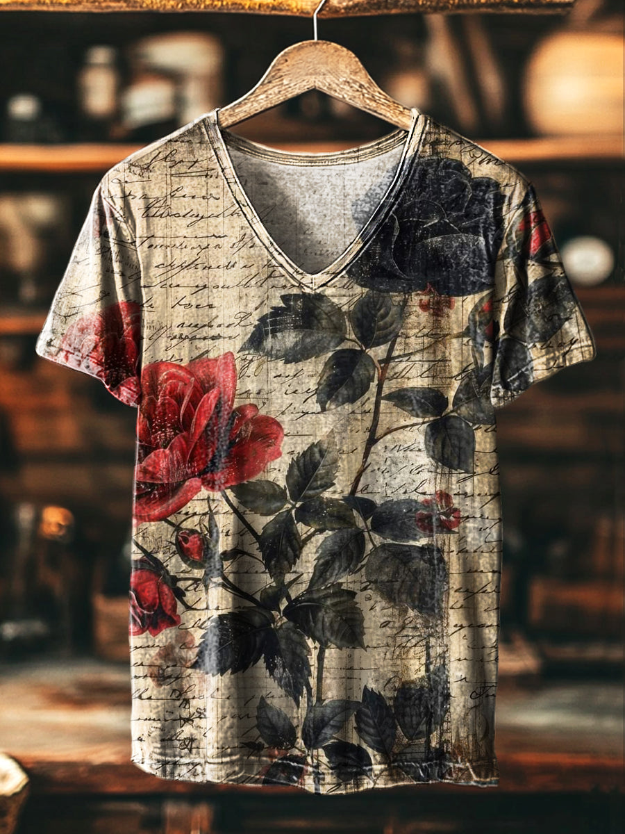 Herren T-Shirt mit Zeitungs- & Rosen-Print – V-Ausschnitt, Lässig, Baumwollmischung