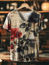 Herren T-Shirt mit Zeitungs- & Rosen-Print – V-Ausschnitt, Lässig, Baumwollmischung