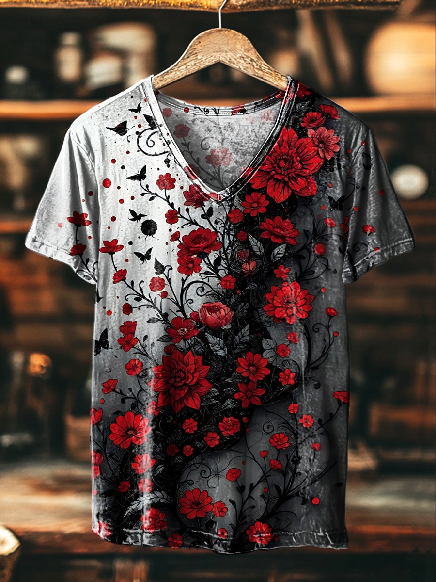 Herren Vintage V-Ausschnitt T-Shirt mit floralem Vineman-Print – Lockerer Schnitt, Baumwollmischung