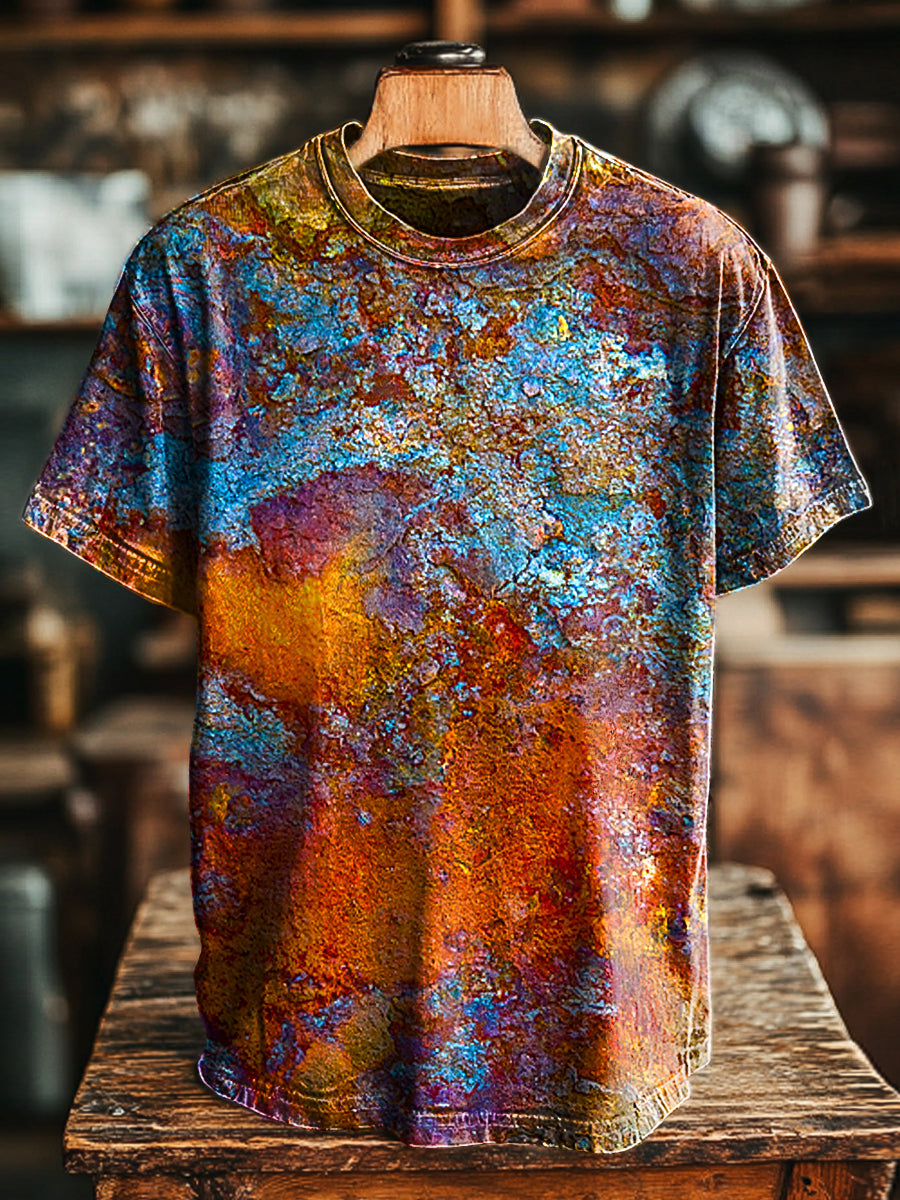Herren Vintage T-Shirt mit mehrfarbigem Rost-Print – Lockerer Schnitt, Baumwollmischung, Kurzarm