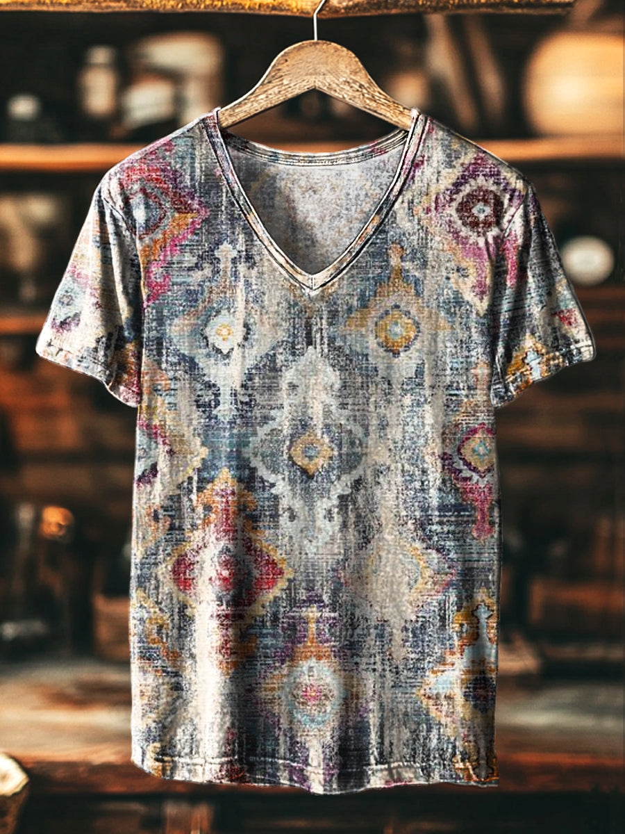 Herren T-Shirt mit Ethno-Geometrischem Kunst-Print – V-Ausschnitt, Lockerer Schnitt, Baumwollmischung