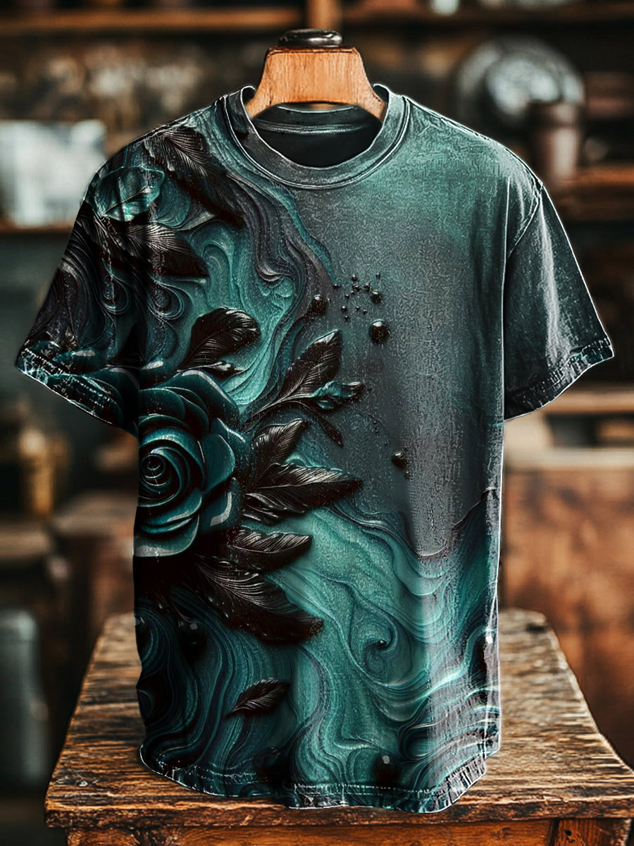 Herren Retro T-Shirt mit 3D-Blumenmuster – Lockerer Schnitt, Baumwollmix, Perfekt für Frühling & Sommer